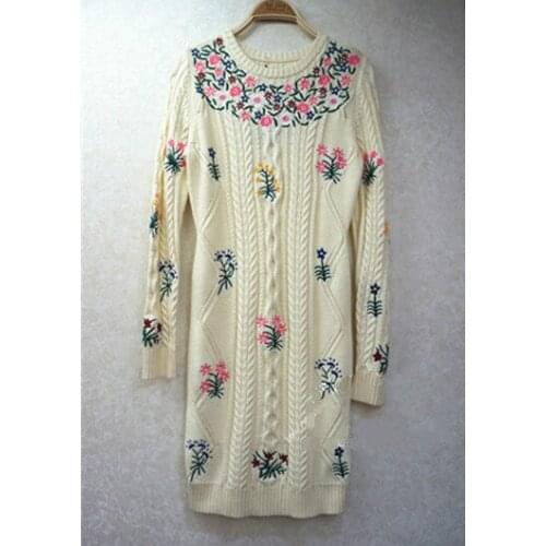 Dress Women Real Full Knee-length O-neck Vestidos De Fiesta Dress Winter New Wool Female Flower Embroidery Long Sleeve Knit