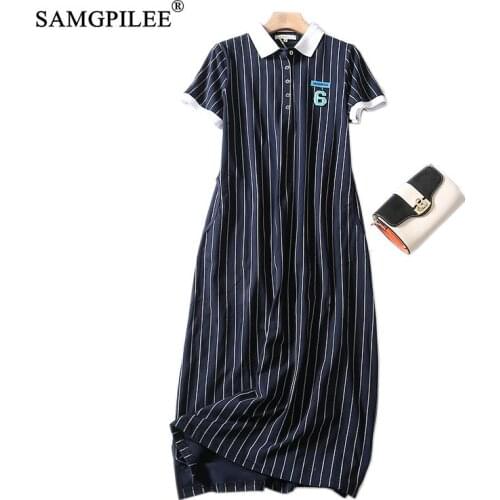 Samgpilee Spring Summer Women Dress 2020 Knit Cotton Casual Printing Rib ButtonTurn Down Collar Dress Short Sleeve Dresses Women