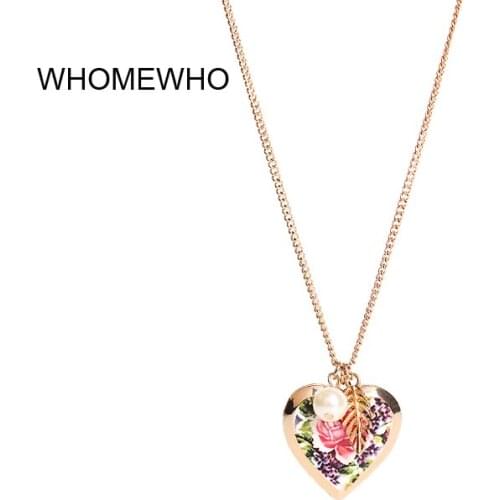 Gold Long Chain Elegant Romantic Heart Leaf Leaves Delicate Pendant Necklace Fashion Sweater Neck Accessory Faux Pearl Jewley