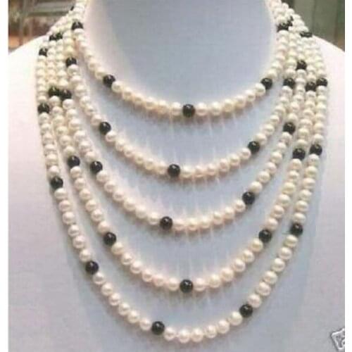 AAA 8-9MM CHARMING WHITE BLACK PEARL NECKLACE 100inch yellow CLASP