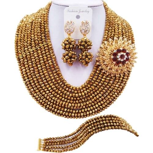 ACZUV Classic Golden Brown Nigerian Wedding Party Jewelry Sets African Beads Jewelry Set Beaded Crystal Necklace 10C-DS015