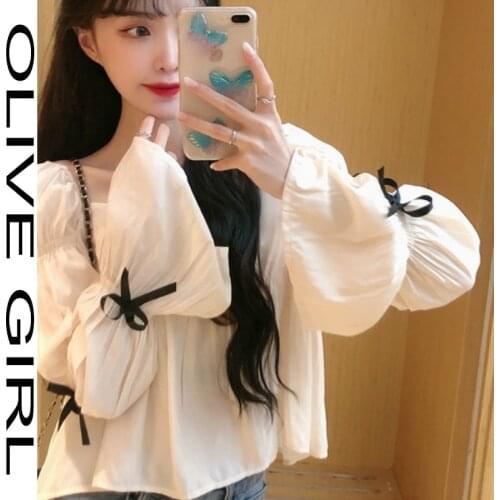 White Chiffon Blouse Korean Blouse 2021 Womens Clothing Women Elegant Sweet Top Casual Loose Designer Bow Long Sleeve