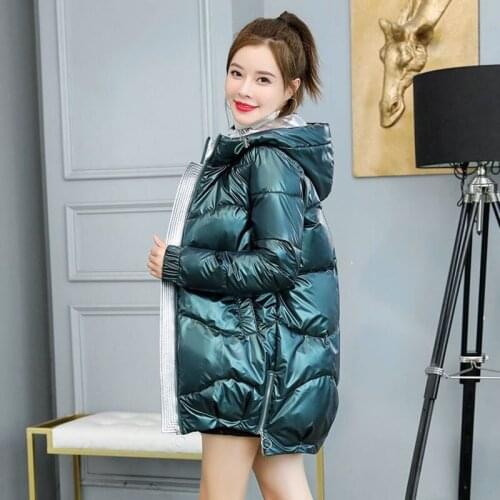 Shiny Cotton Coat Women 2020 New Fashion Winter Parka Jacket Women Mid-length Loose Hooded Padded Jacket Womens Clothing