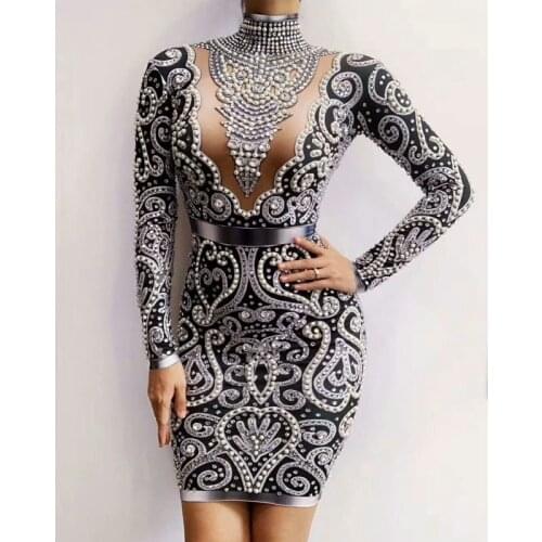 Sparkly Rhinestones Pearls Long Sleeve Dress Black Grey Color Sexy Women Birthday Celebrate Evening Party Dresses Stage Outfit