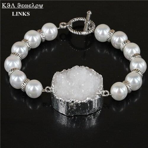White Round Pearl Beads Strand Bracelet For Women Natural Crystal Druzy Quartz Stone Bracelet Edge Pulseras Mujer