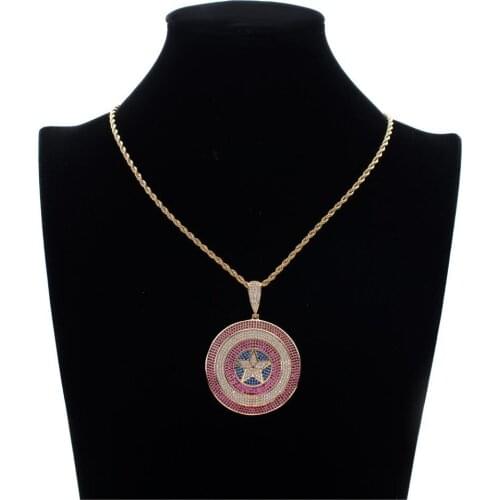 Hip Hop pendant necklace Bling Iced Out Captain America Shield With AAA Cubic Zircon Gold Mens Women Rock Jewelry