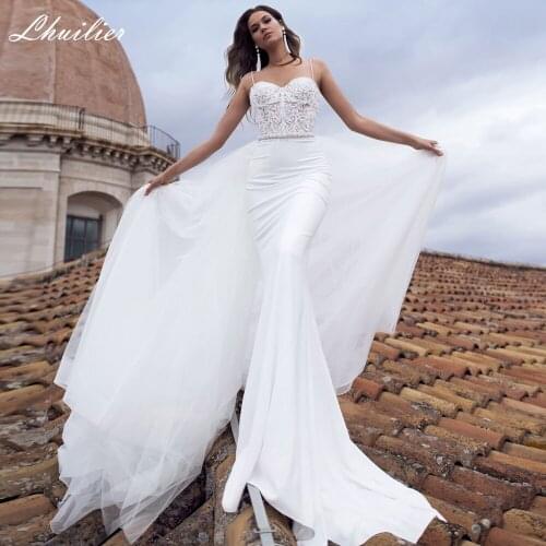 Lhuilier Elegant Mermaid Satin Wedding Dresses Sleeveless Lace Appliques Floor Length Bridal Gowns with Detachable Train