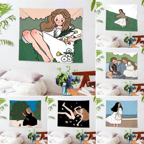 Fuwatacchi Cartoon Girls' Photo Tapestry Wall Hanging Bedspread Carpet Bohemian Beach Mats For Home Art Decor Blanket Tapestries