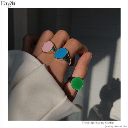 2021 New French Vintage Fashion Metal Color Candy Girl Drip Glaze Wide Version Round Ring for Women Gilrs Jewelry Gift Trend