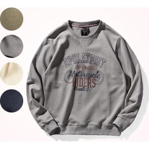 American Retro Locomotive Printed Hoodies Mens Pure Cotton Washed Old Round Neck Pullover Knitted Long-sleeved Casual Sportwear