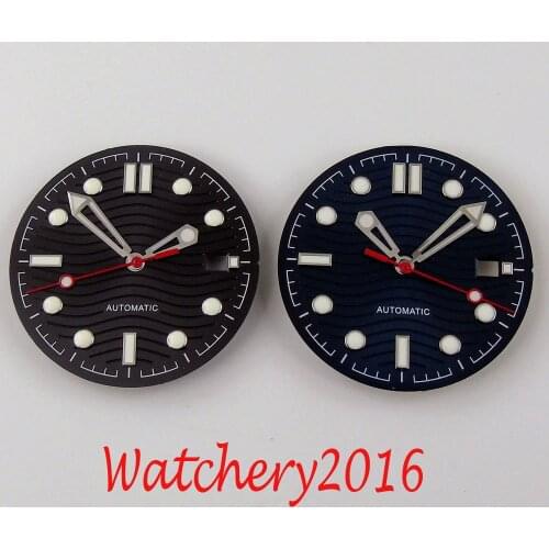 Nologo 30.8mm Black Blue Watch Dial Waves Patterns Wristwatch Hand for NH35 Date Display