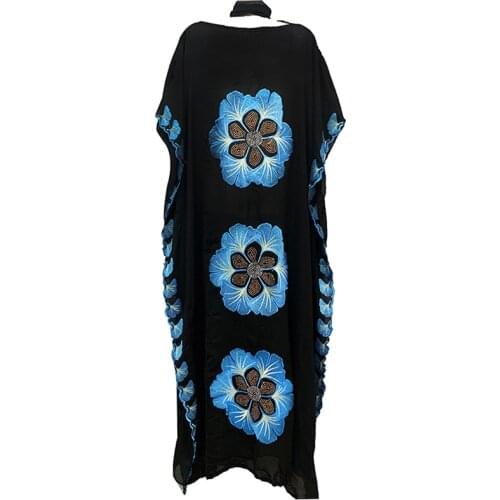 New Caftan Islamic Dress Oversize Cotton Chiffon African Women Loose Size Blue Flower Casual Dress Dashiki robe