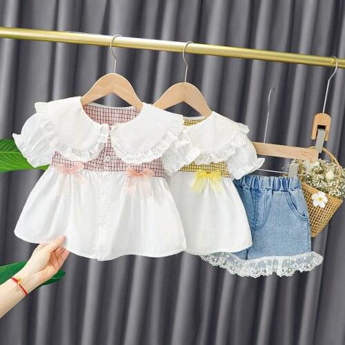 2021 summer new girls' foreign style suit childrens lovely baby collar short sleeve 2-piece baby girl set