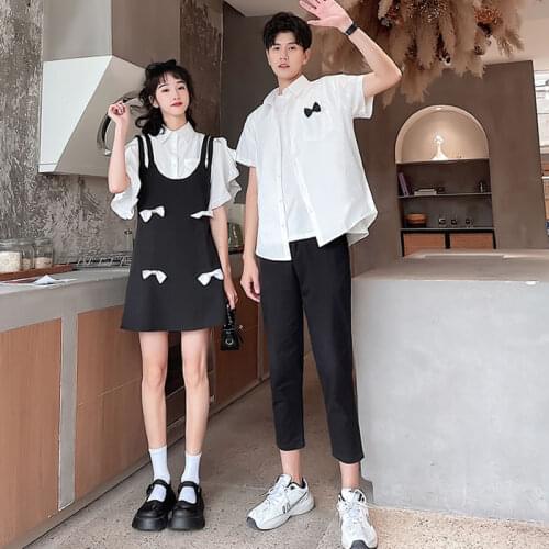 Summer 2021 new couples wear bow shirt men and women short sleeved shirt students couples clothing couples clothes
