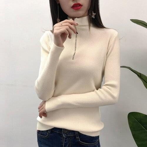 Autumn Ladies Elegant New Fashion Design Sweaters Stretch Long Sleeve Women Plain Top Zipper Turtleneck Knit Sweater