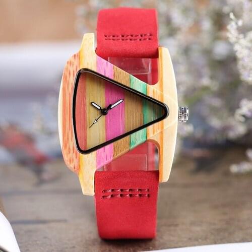 Lovely Women Wood Watch Cute Hit Color Rainbow Lines Bamboo Case Creative Triangle Dial Adorable Girls Casual Wooden Wristwatch