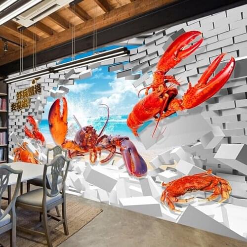 Custom Self-Adhesive Wallpaper 3D Stereo Creative Broken Wall Crayfish Crab Murals Restaurant Background Wall Stickers Wallpaper