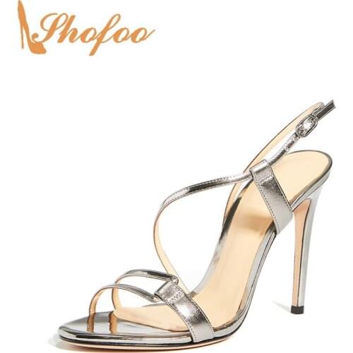 Silver Stiletto Women Sandals High Heels Open Toe Narrow Band Buckle Strap Large Size 15 16 Ladies Summer Fashion Shoes Shofoo