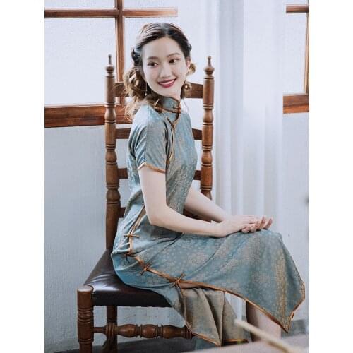 Silk Cheongsam Summer New Retro Long High-End Custom QiPao DressTraditional HighSlit SlimEnd Sexy Female Oriental Full Dress