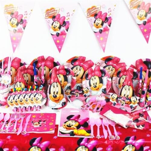 Disney Minnie Mouse Theme Paper Cup Plate Cap Mask Plastic Straw Gift Bag Boy Girl Birthday Party Baby Shower Decoration Supply