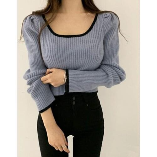 2021Temperament Solid Slim Autumn Short V- Neck blueKnitted Tops BottomPuff sleeve Pullovers Sweaters Lady Fashion Chic Korea