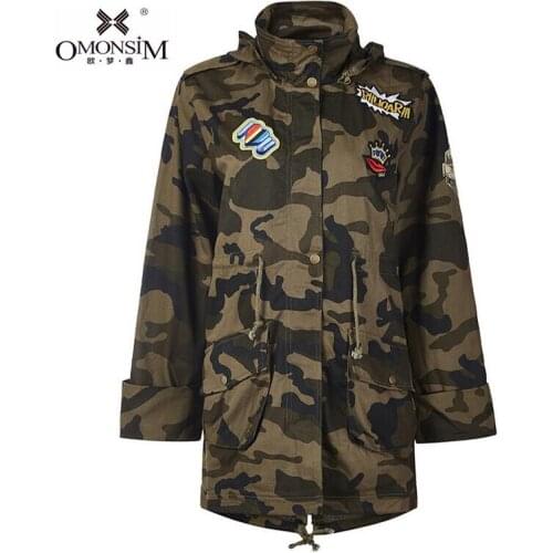 Military Style Ladies Embroidery Plus Size Printed Trench Womens Camouflage Applique Loose Vintage Hooded Coat