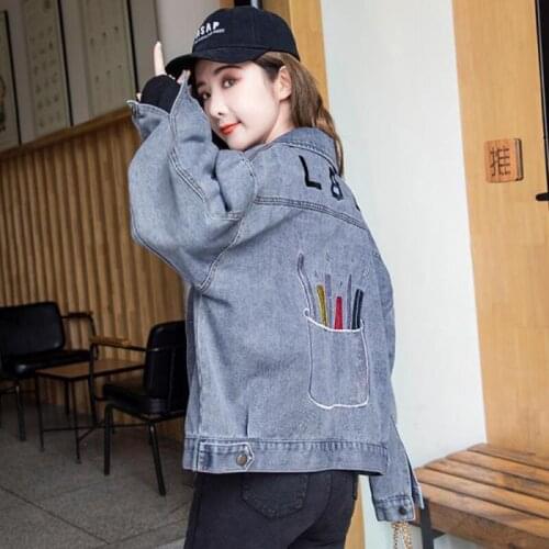 2021 Autumn Denim Coats Womens Fashion Korean Loose Embroidered Jeans Jackets Casual Lapel Pocket Long Sleeve Short Coat Female