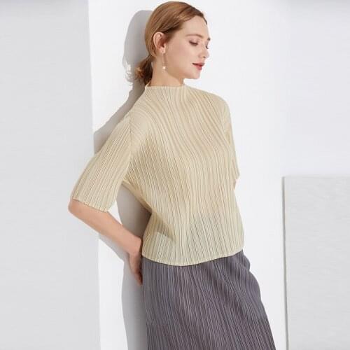 Miyake pleated shirts women high-collar t shirt aesthetic clothes TP5040