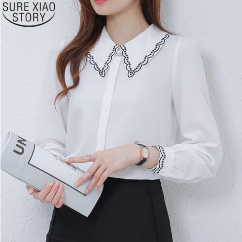 2021 Autumn Elegant Crochet Collar Women Blouses White Long Sleeve Women Shirts Causal Temperament Chiffon Shirt Tops 16419