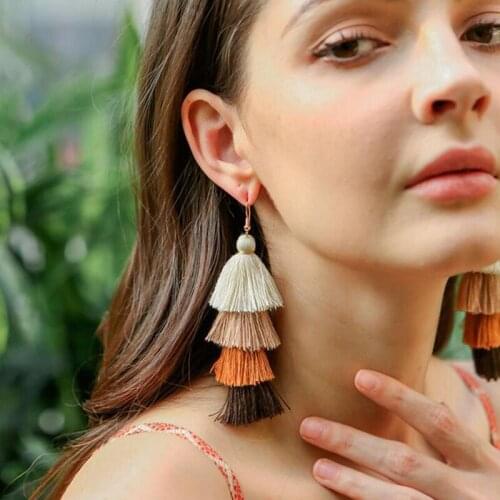 HOCOLE Bohemian Long Multi-layer Drop Earrings For Women Ethnic Silk Fabric Fringed Dangle Earring Female Fashion Jewelry Party