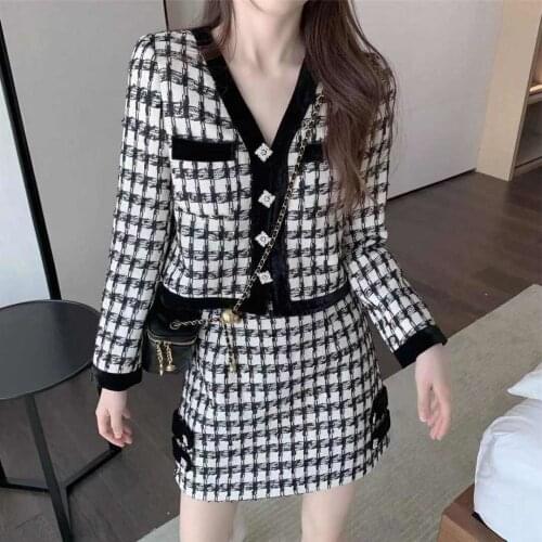 Womens Spring And Autumn Two-Piece Sets Retro Houndstooth Knitted Slim Top + A-Line Skirt Suits
