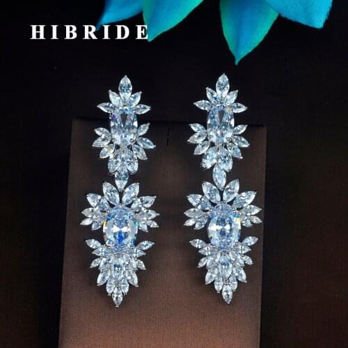 HIBRIDE Charm Brilliant Crystal Cubic Zircon Long Drop Earrings For Women Jewelry Brinco Pendientes mujer moda E-737