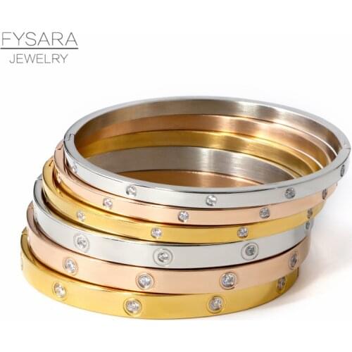 FYSARA Luxury Lover Jewelry Women Bangle Titanium Steel Couple Jewelry Full CZ White Crystal Buckle Bracelets Bangles Men
