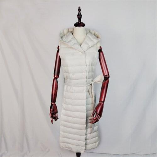 Winter Women Sleeveless Hooded Jacket Sashes Ultra Light White Duck Down Vest Parka Female Midi Long Down Waistcoat Coat AB1199