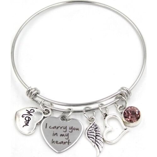 1PC Birthstone Bangle Bracelet I Carry You in My Heart Family Memorial Bracelet Bangle Gift Mom Dad Grandma Remembrance Bracelet