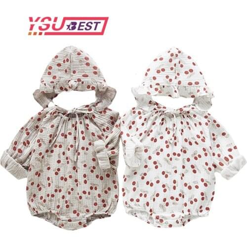 2020 Spring Baby Girl Bodysuits Baby Onesies Cute Cherry Print Cotton Long-sleeved Hooded Summer Girls Bodysuit Girls Clothing