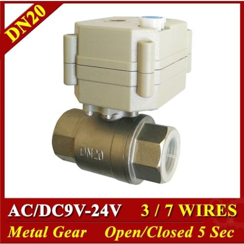 Tsai Fan motorized valve 3/4'' full port SS304 AC/DC 9V 12V 24V DN20 3/7 wires Electric ball valve for automatic control system