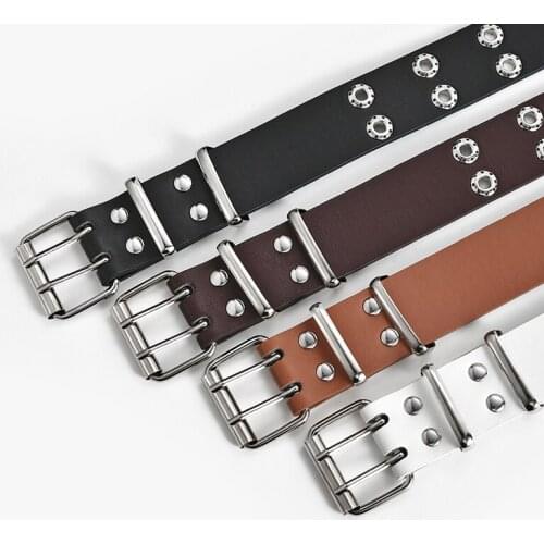 Fashion Harajuku Women Punk Chain Belt Adjustable Black Double Single Eyelet Grommet Metal Buckle Leather Waistband For Jeans