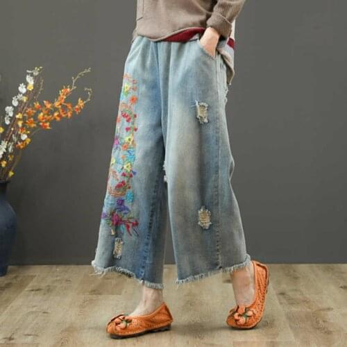 Vintage Flower Embroidered Jeans For Women Elastic Waist Ripped Hole Jeans Female Wide Leg Denim Pants Pantalon Femme