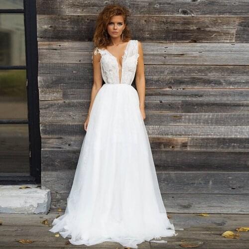 Elegant Summer Boho Sleeveless Wedding Dress V Neck Custom Made Open Back Long 2021 Bohemian Tulle Beach Bridal Gowns