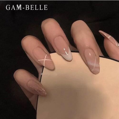 GAM-BELLE Fake Nails With Glue French Nude White Cross Stripe Oval Full Cover False Press On Nails DIY Manicure Beauty Tools