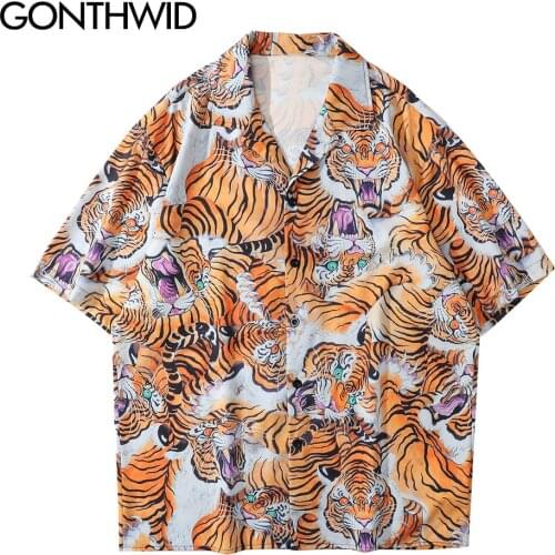 GONTHWAID Hawaiian Shirt Streetwear Animal Tiger Shirts Streetwear Men Hip Hop Harajuku Casual Beach Holiday Button Casual Tops
