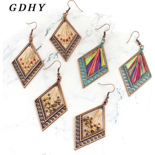 GDHY Hollow Oval Rustic Earring Bronze Flower vine Engraving Drop Earrings For Women Vintage Bohemian Charm Ear Jewelry Gifts