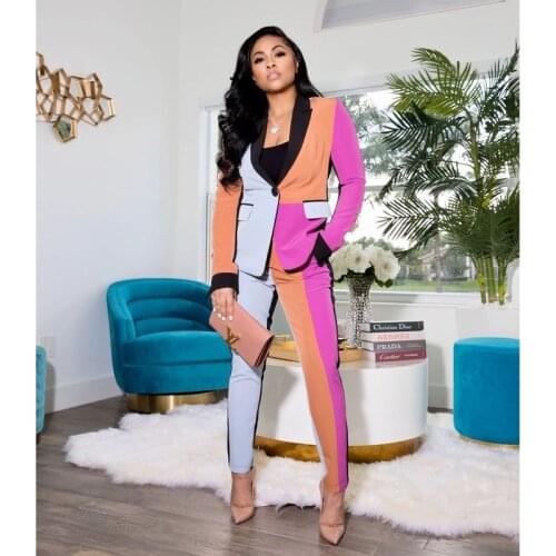 Contrast Colors Blazer Suit 2 Piece Set Women Single Button Street Blazers Pencil Pants Set High Waist Office Commute Pant Suits