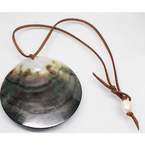 Beauty Black Round Disc shell Leather pendant No Metal 18inches Mother of Pearl 40mm 50mm 60mm 70mm