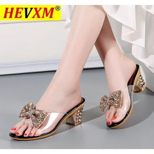 Summer Womens Rhinestone Crystals Heels Peep Toe Sandals sexy Clear Heels Slippers Square Heeled Ladies shoes pumpl Sandals