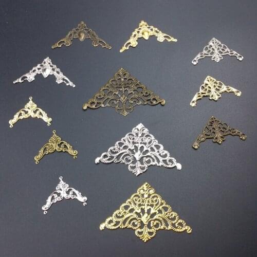 20pcs/lot Triangle kite Metal Filigree Flowers Slice Charms base Setting Jewelry DIY Components Box crafts cosplay Accessories