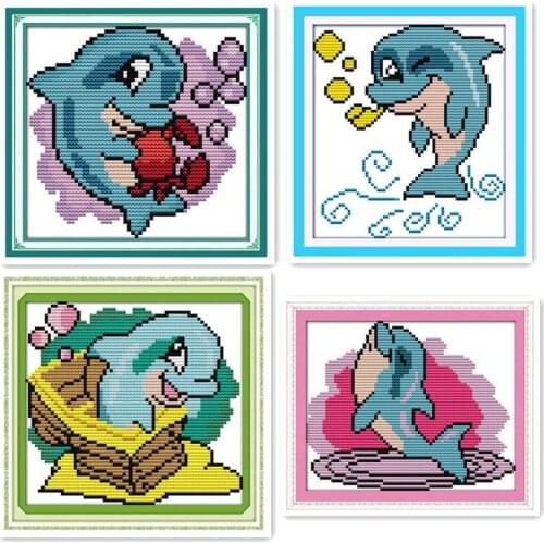 Cute Little Dolphin Cartoon Cross Stitch Kit, 11CT 14CT Embroidery Sewing Thread Sewing Embroidery Gift Hanging