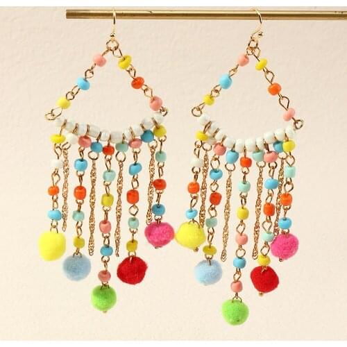 Trendy Metal Geometric Earrings Womens Bohemia Long Tassels Weaving Color Bulb Measle Alloy Eardrop Earrings Jewelry for Girls