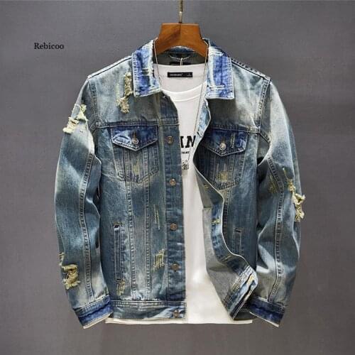 Mens Classic Retro Washed Distressed Hole Ripped Denim Jacket Mens Casual Slim Long Sleeve motorcycle jeans Jacket 5XL